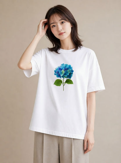 半袖Tシャツ レディース あじさい 紫陽花 アジサイ 花 花柄 イラスト 可愛い 自分用 ルームウェア 白T