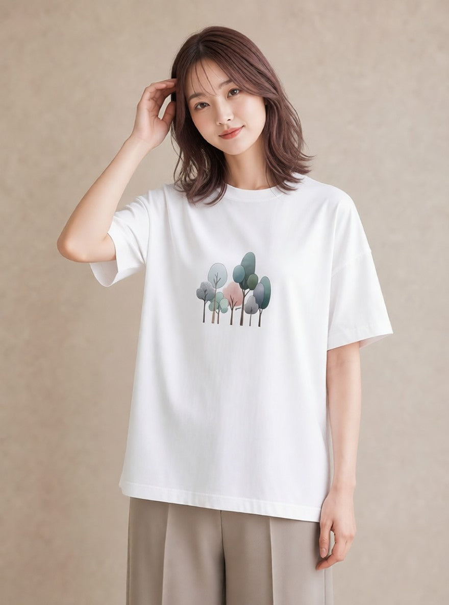 半袖Tシャツ レディース 青の水彩 風景 ブルー ナチュラル アンティーク イラスト 北欧風 ママ カフェ服 白T