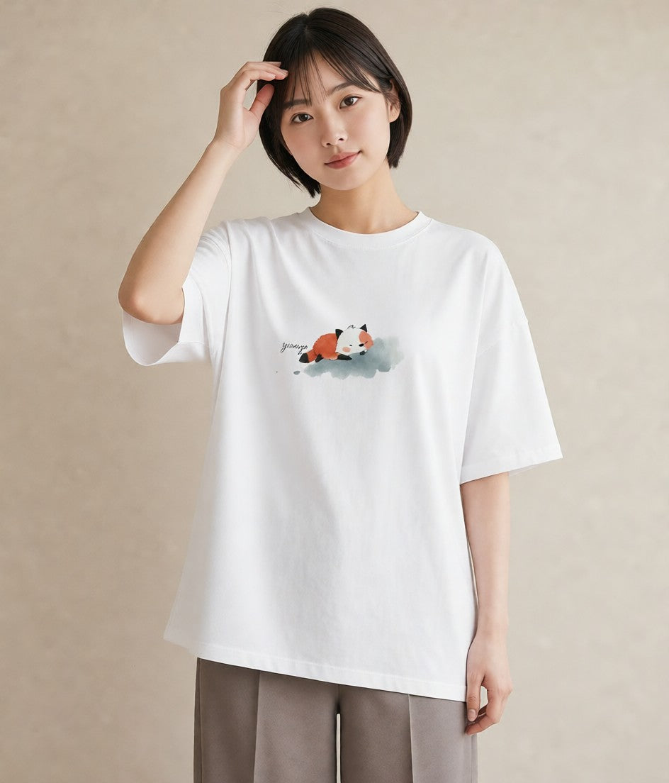 半袖Tシャツ レディース たぬき 動物 アニマル イラスト アート風 おしゃれギフト 社会人 白T