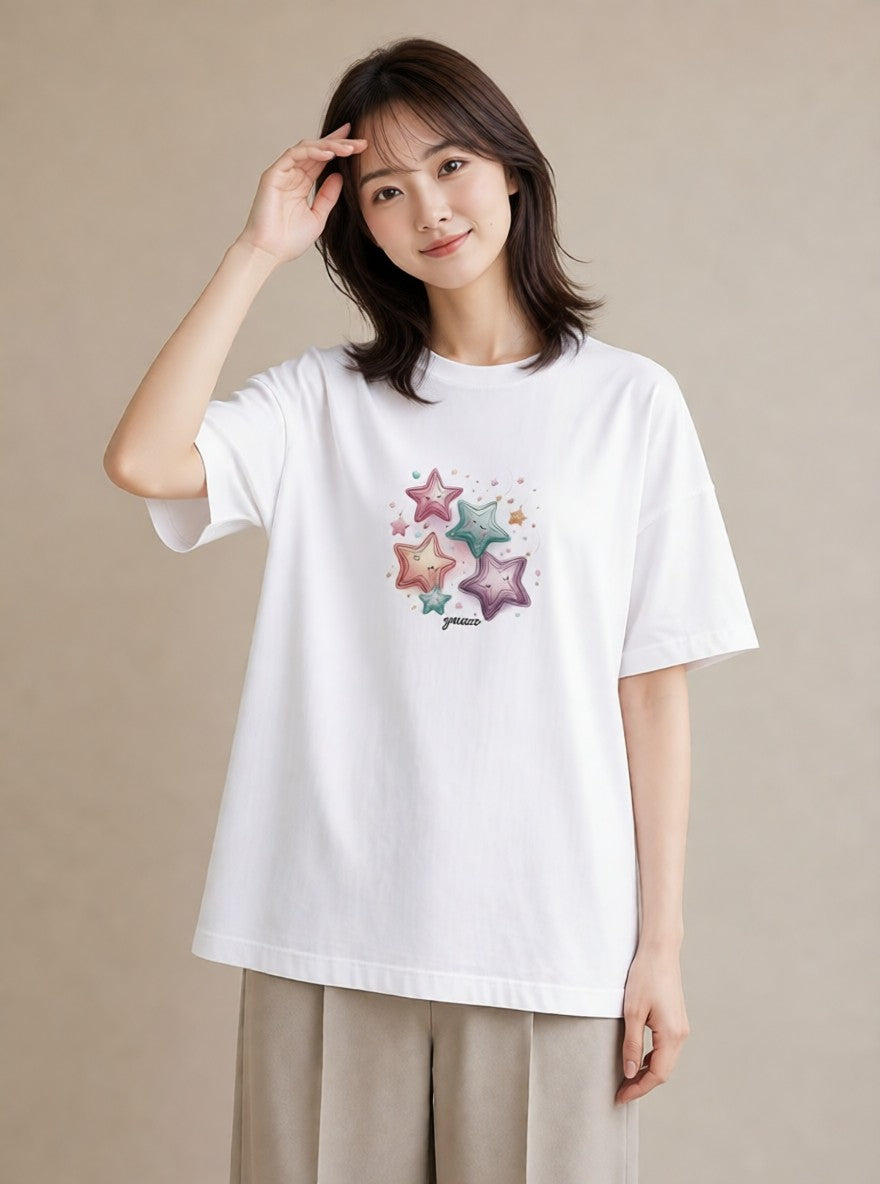 半袖Tシャツ レディース スター 星空 宇宙 イラスト ゆるかわ 女性向けギフト 散歩 白T
