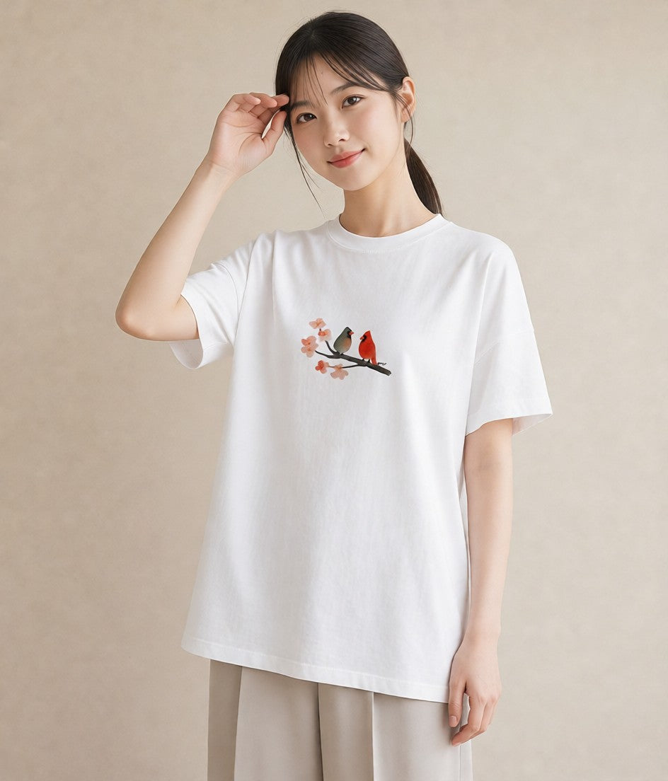 Tシャツ レディース 遠い家と鳥 風景 鳥 ナチュラル アンティーク イラスト 抜け感 母娘コーデ 自分用 白T