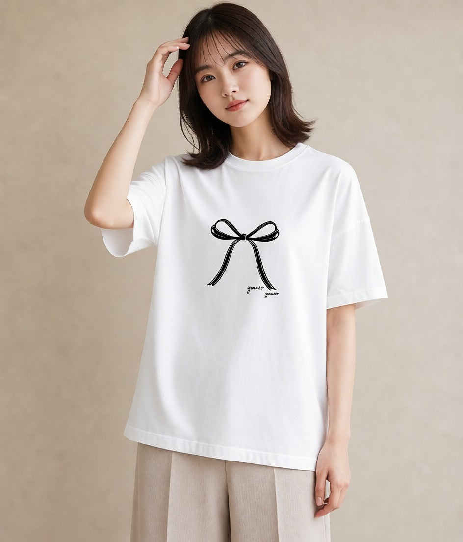 プリントTシャツ レディース リボン ボウ りぼん イラスト ナチュラル 通学 誕生日プレゼント 白T