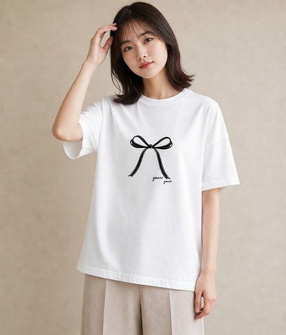 プリントTシャツ レディース リボン ボウ りぼん イラスト ナチュラル 通学 誕生日プレゼント 白T