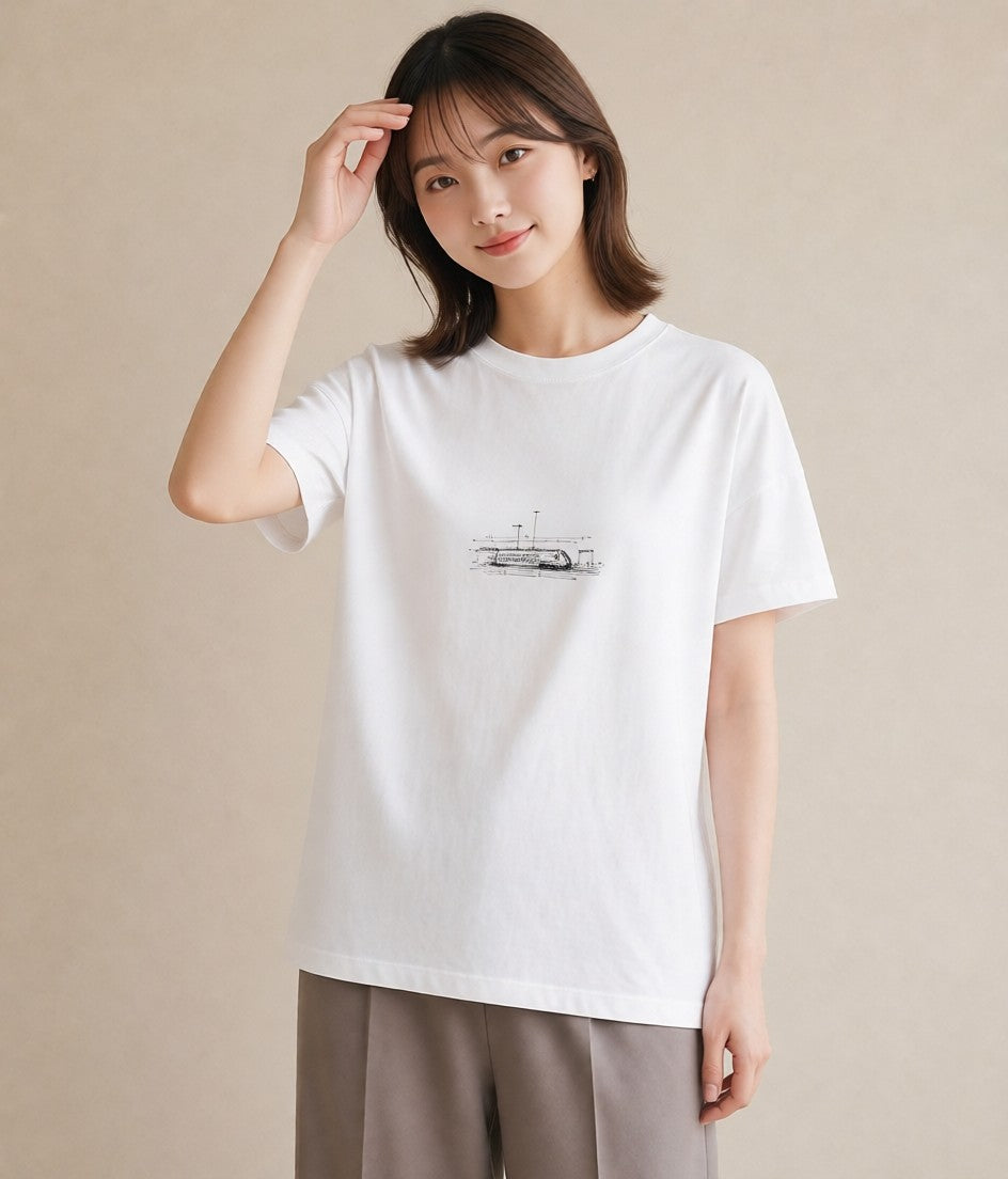 デザインTシャツ レディース 駅のホーム ローカル線 駅 ナチュラル アンティーク イラスト お洒落 女性向けギフト 散歩 白T