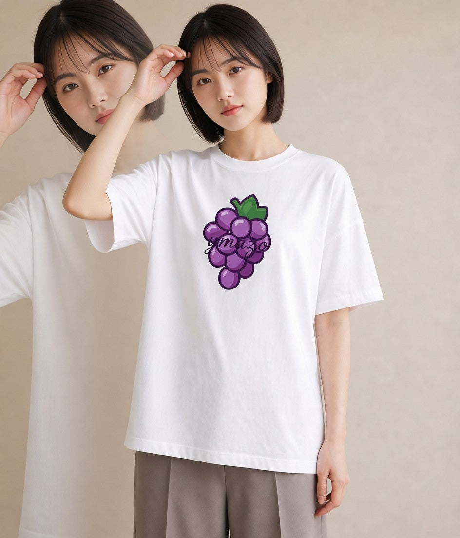 Tシャツ レディース ぶどう 葡萄 食べ物 フード イラスト きれいめカジュアル ミセス 春コーデ 白T