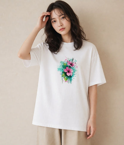 Tシャツ レディース あさがお 朝顔 花 花柄 イラスト 抜け感 休日 ペアコーデ 白T