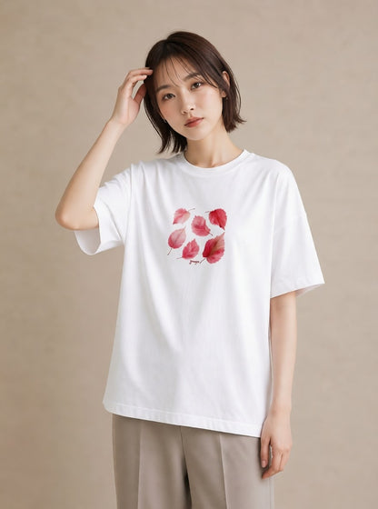 プリントTシャツ レディース 落ち葉 植物 ボタニカル イラスト こなれ感 春服 ミセス 白T
