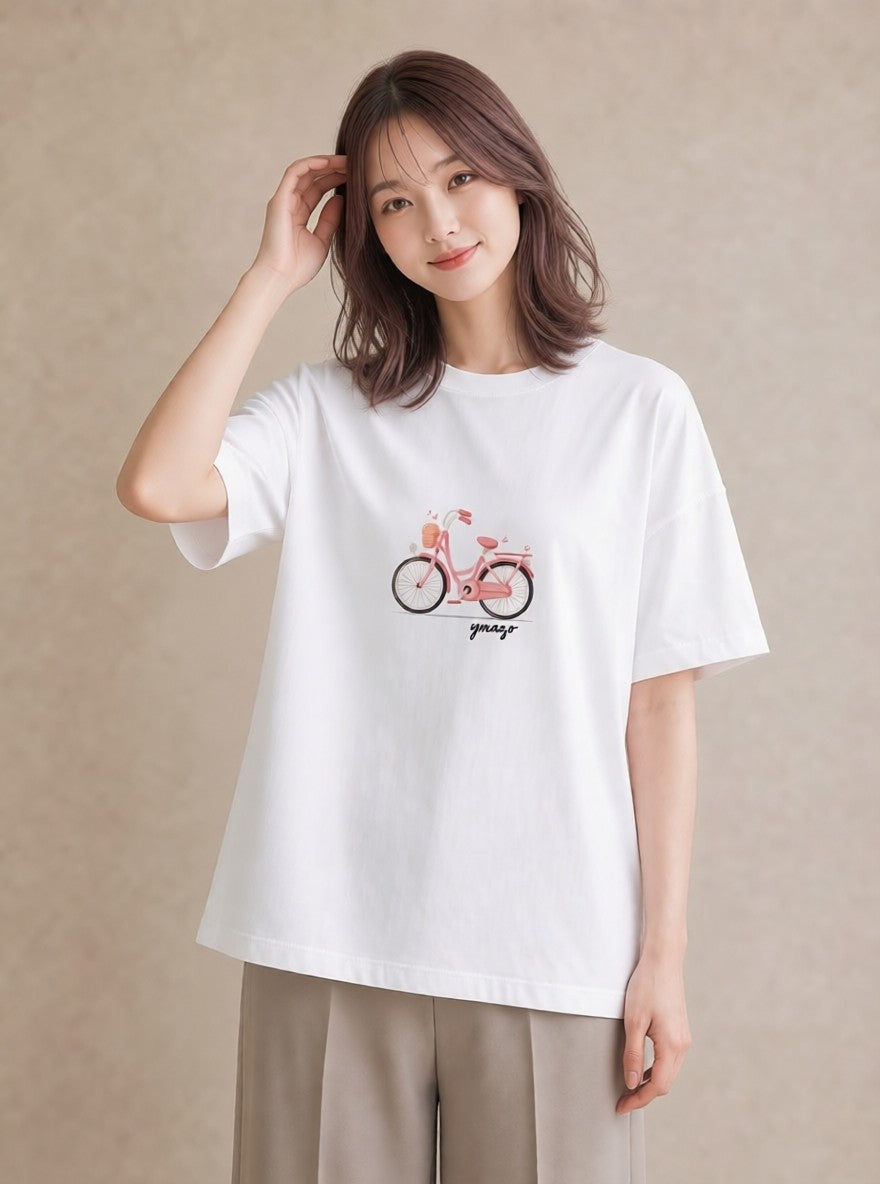 グラフィックTシャツ レディース 自転車のかご 自転車 花かご ナチュラル アンティーク イラスト 休日 ペアコーデ 白T