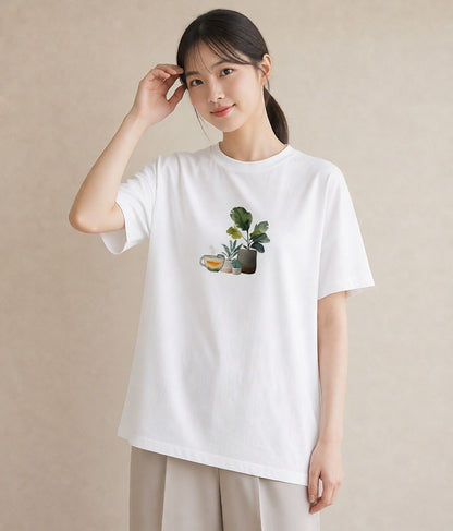 プリントTシャツ レディース 夕暮れ バルコニー 夕焼け ナチュラル アンティーク イラスト 個性的 カジュアルコーデ 買い物 白T