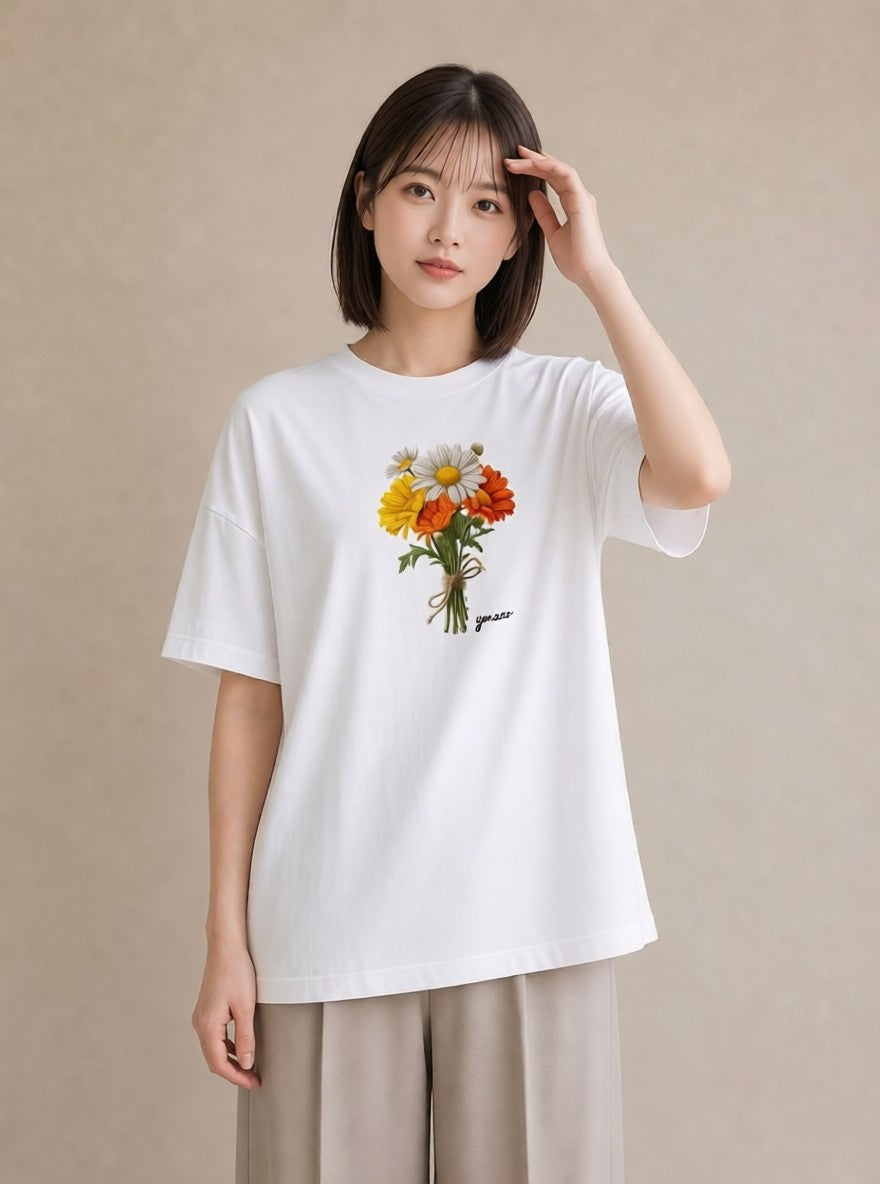 デザインTシャツ レディース マーガレット 花 花柄 イラスト 上品 社会人 女性 白T