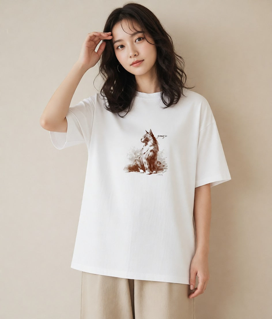 グラフィックTシャツ レディース ソマリ 猫 ねこ イラスト 水彩風 買い物 夏コーデ 白T