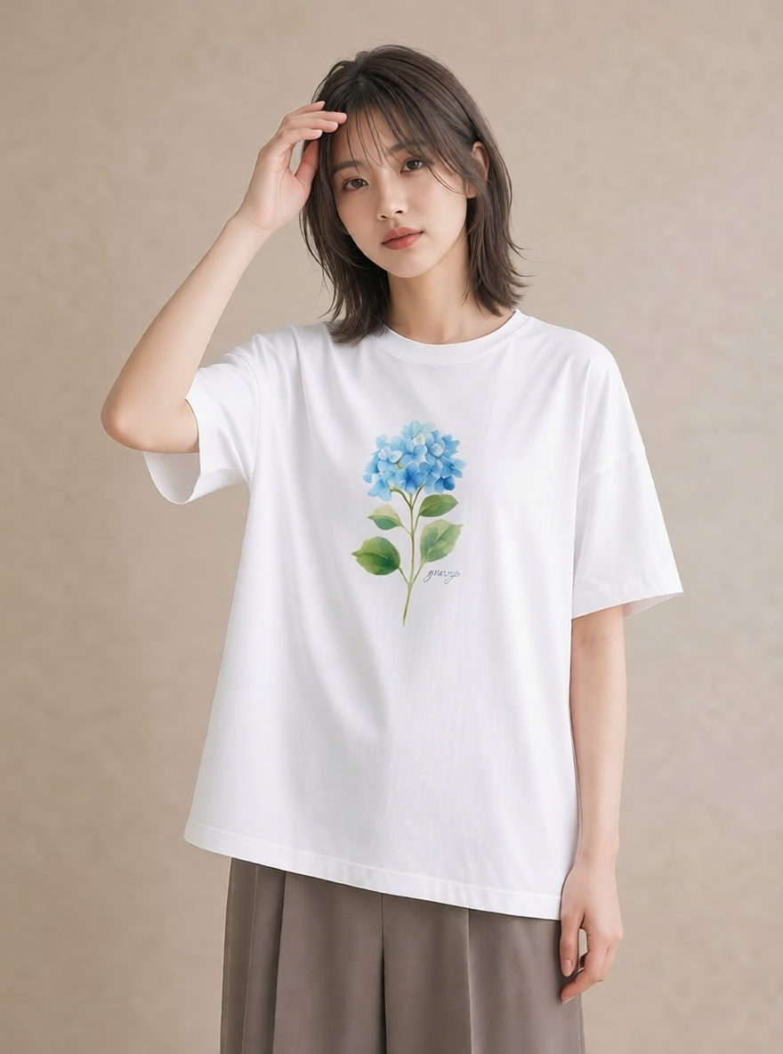 Tシャツ レディース あじさい 紫陽花 アジサイ 花 花柄 イラスト ヴィンテージ風 カフェ巡り 女子会 白T