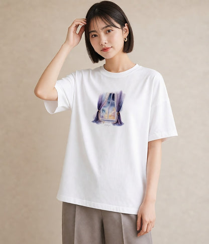 グラフィックTシャツ レディース 灯りの家 小屋 夜 ナチュラル アンティーク イラスト 個性的 春コーデ 姉妹 白T