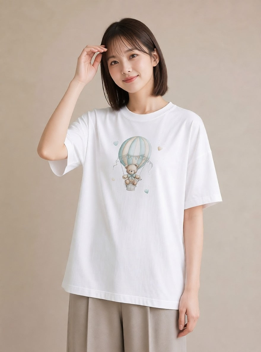 半袖Tシャツ レディース 気球 星空 宇宙 イラスト 水彩風 20代 カジュアルコーデ 白T