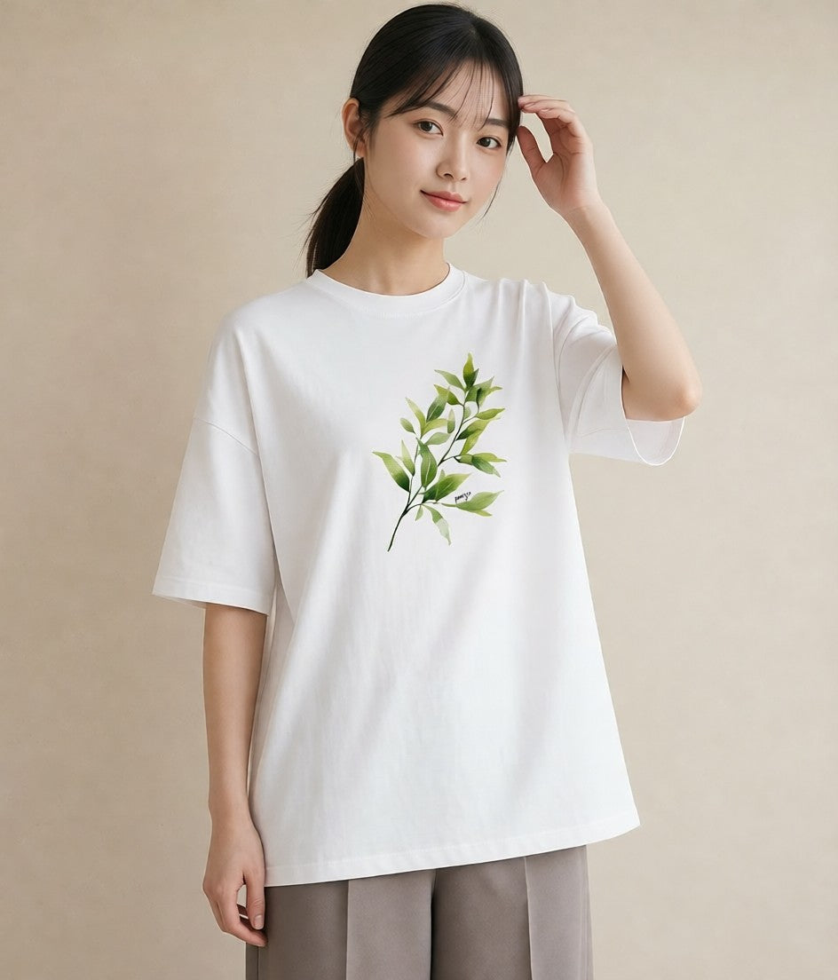 半袖Tシャツ レディース 新緑 植物 ボタニカル イラスト 上品 ペアコーデ 秋コーデ 白T