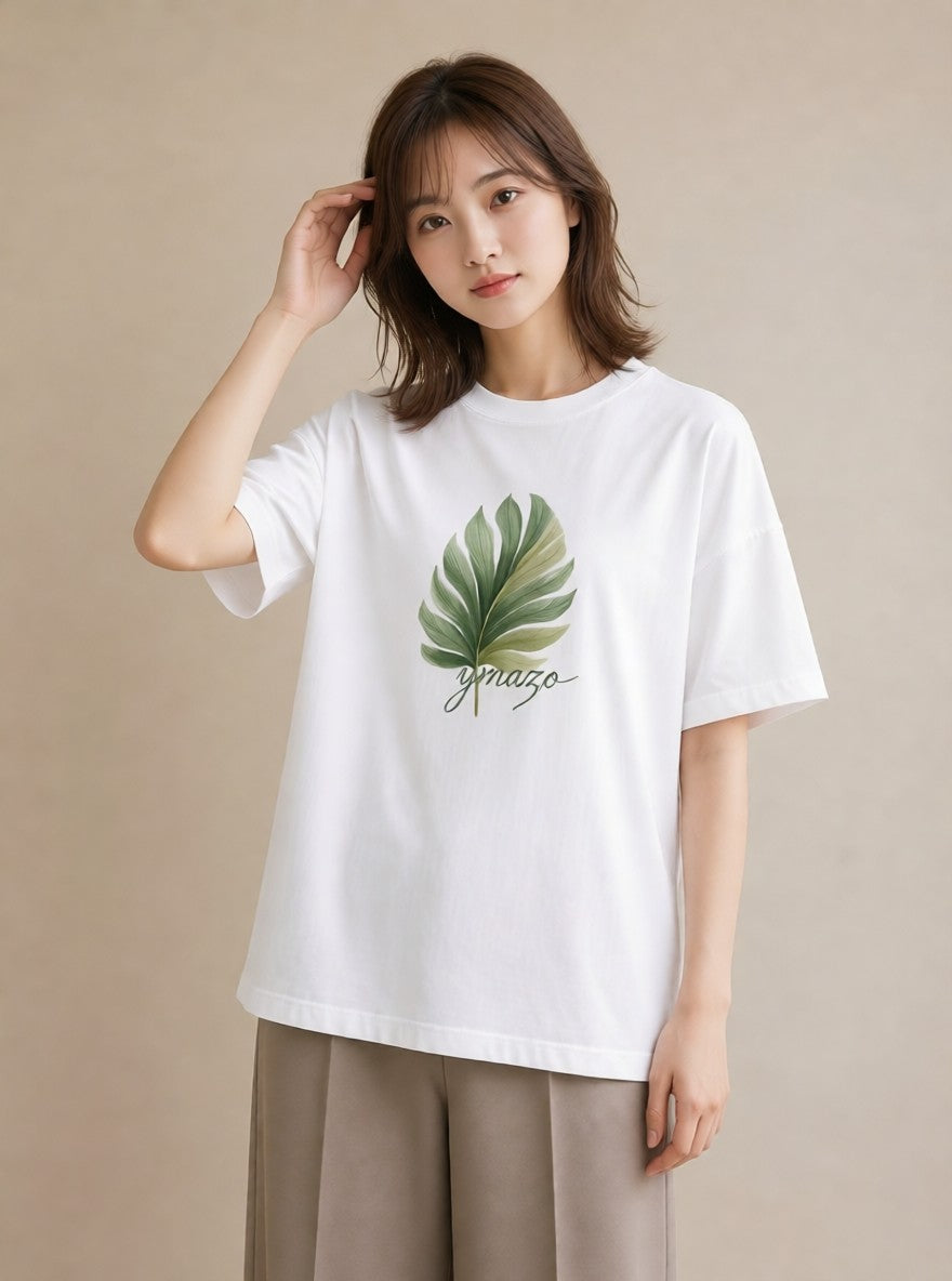 プリントTシャツ レディース 新緑 植物 ボタニカル イラスト 上品 海 カフェ巡り 白T