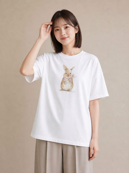 半袖Tシャツ レディース うさぎ ウサギ ラビット ペット 動物 イラスト ミニマル 週末コーデ 敬老の日 白T