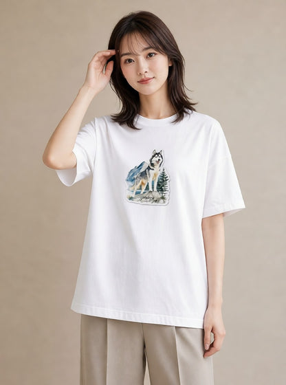 デザインTシャツ レディース シベリアンハスキー 犬 いぬ イラスト 手描き風 ギフト 母の日 白T