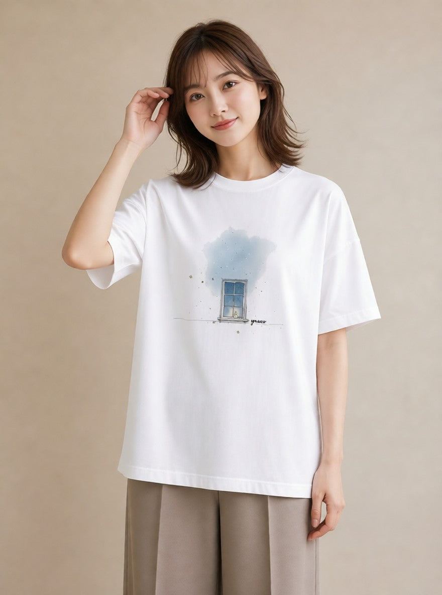 Tシャツ レディース 夕暮れ バルコニー 夕焼け ナチュラル アンティーク イラスト 線画 旅行用 海 白T