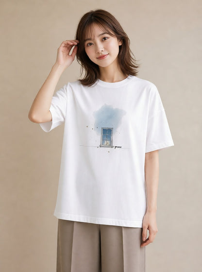 Tシャツ レディース 夕暮れ バルコニー 夕焼け ナチュラル アンティーク イラスト 線画 旅行用 海 白T