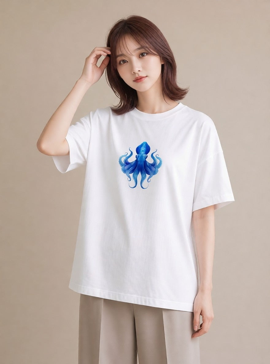 グラフィックTシャツ レディース イカ 海の生き物 海 イラスト ニュアンス カフェ服 クリスマス 白T