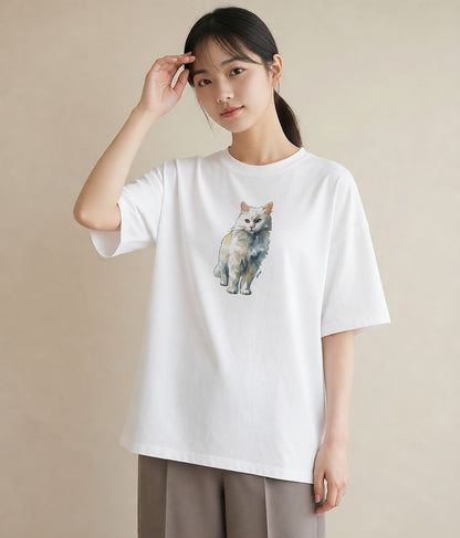 グラフィックTシャツ レディース おすわり猫 猫 ねこ イラスト シンプル レイヤード 友達ギフト 白T