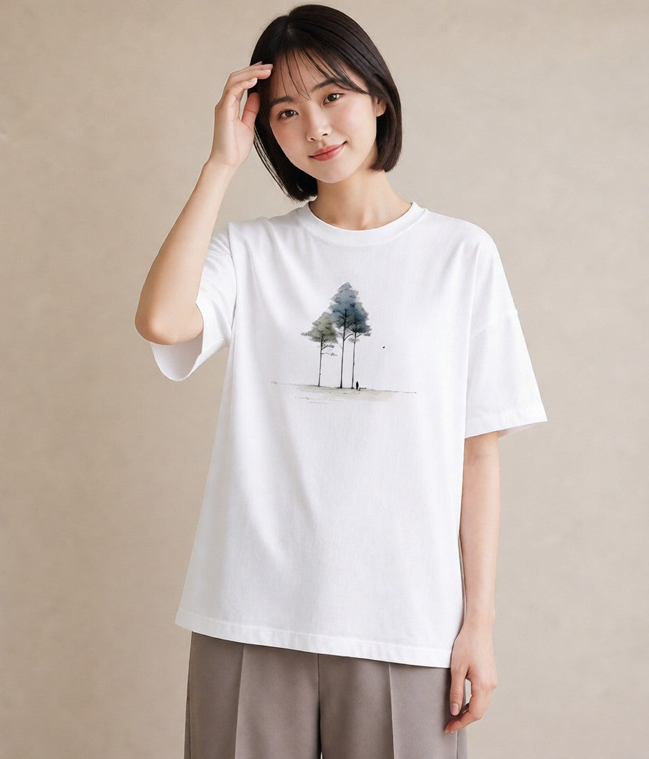 グラフィックTシャツ レディース 雨上がりの小道 雨上がり 小道 ナチュラル アンティーク イラスト ゆるかわ カジュアルコーデ 買い物 白T