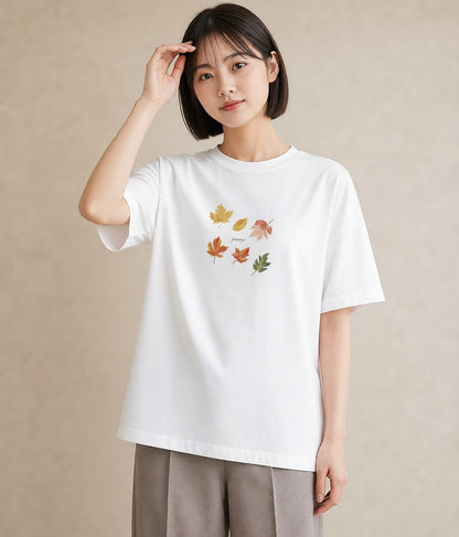 プリントTシャツ レディース 落ち葉 植物 ボタニカル イラスト 手描き風 部屋着 女性向けギフト 白T