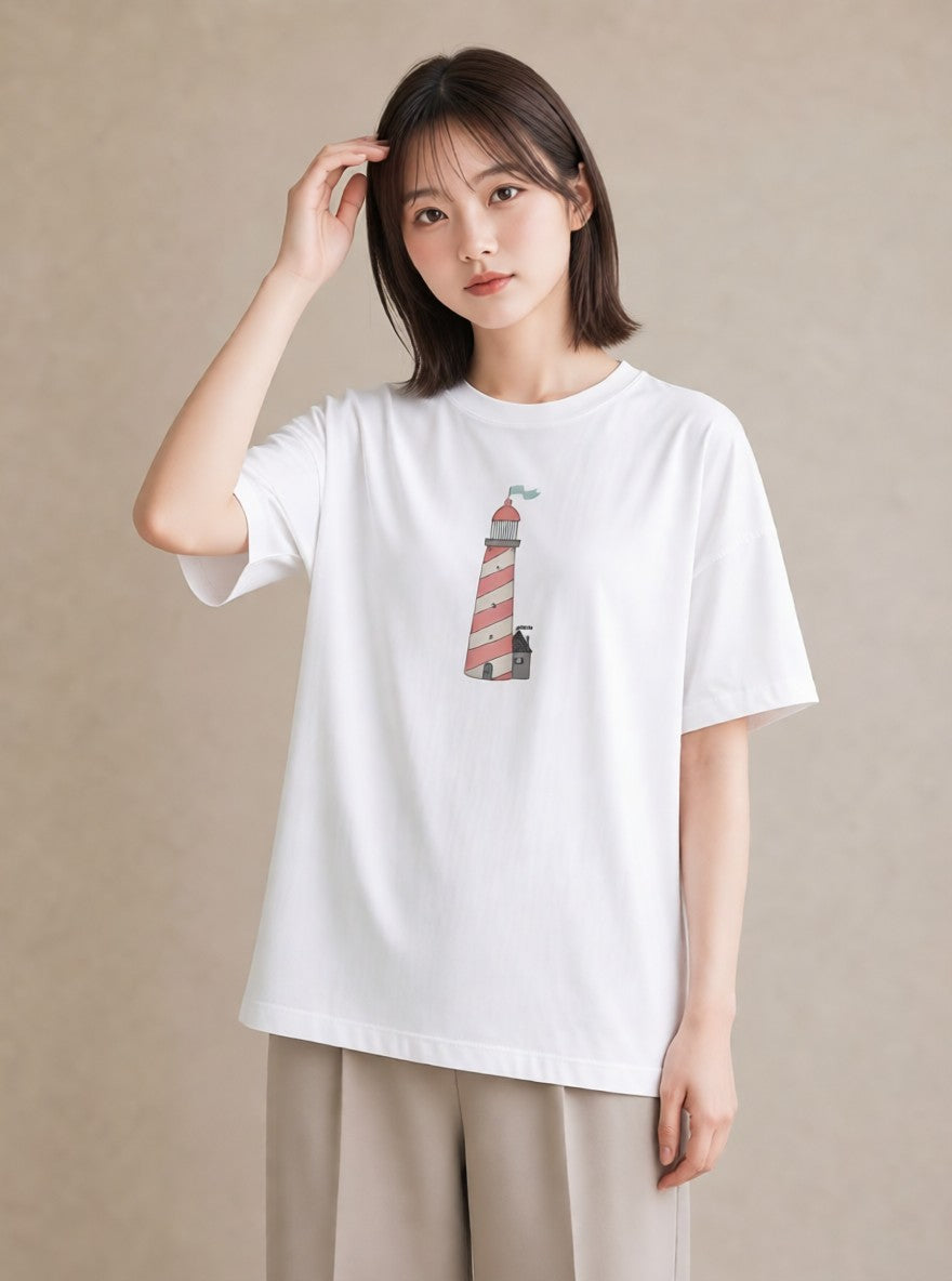 半袖Tシャツ レディース 灯台 霧 海 ナチュラル アンティーク イラスト 上品 デート 帰省 白T