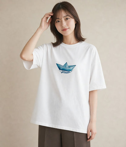 グラフィックTシャツ レディース 紙の船 水辺 ナチュラル アンティーク イラスト お洒落 友達ギフト 部屋着 白T