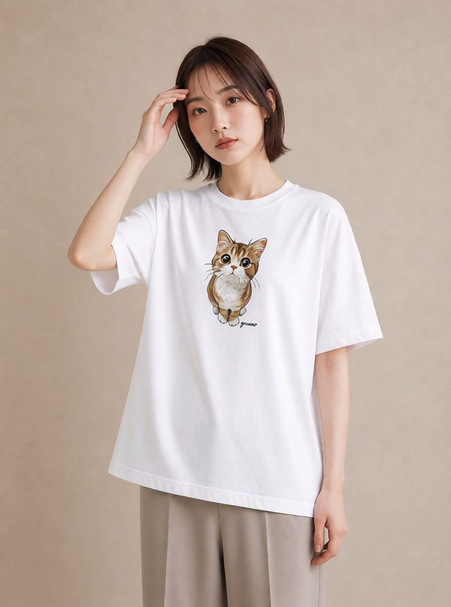 半袖Tシャツ レディース 三毛猫 みけねこ 三毛 猫 ねこ イラスト ガーリー 誕生日プレゼント 綿100 白T