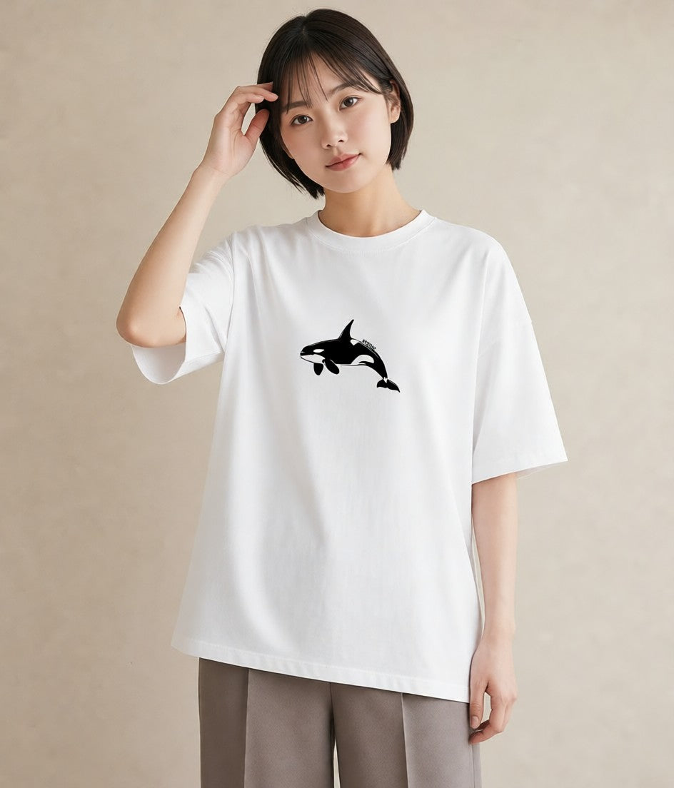 グラフィックTシャツ レディース シャチ 海の生き物 海 イラスト 韓国風 週末コーデ 敬老の日 白T
