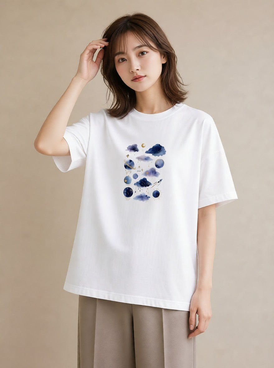 プリントTシャツ レディース 天秤座 星空 宇宙 イラスト こなれ感 通勤 在宅 白T