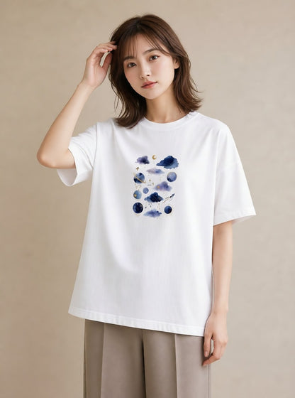 プリントTシャツ レディース 天秤座 星空 宇宙 イラスト こなれ感 通勤 在宅 白T