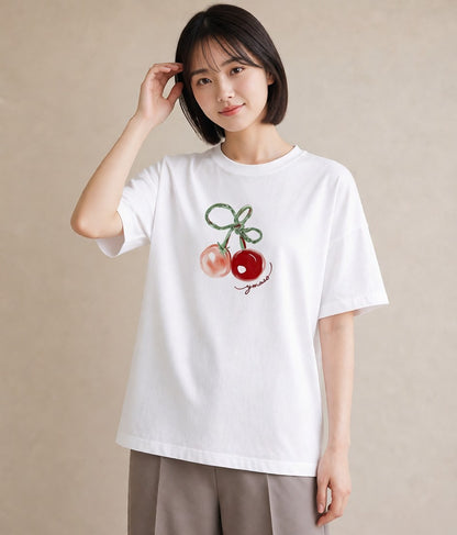 デザインTシャツ レディース りんご 林檎 アップル 食べ物 フード イラスト デイリーウェア 休日 白T