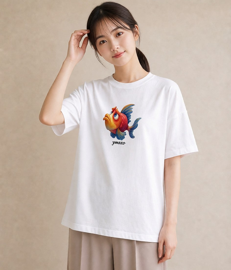 半袖Tシャツ レディース らんちゅう ペット 動物 イラスト お洒落 ペアコーデ 秋コーデ 白T