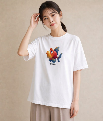 半袖Tシャツ レディース らんちゅう ペット 動物 イラスト お洒落 ペアコーデ 秋コーデ 白T