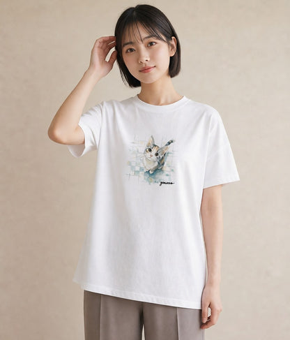 Tシャツ レディース ぶち猫 猫 ねこ イラスト ニュアンス 誕生日プレゼント 綿100 白T
