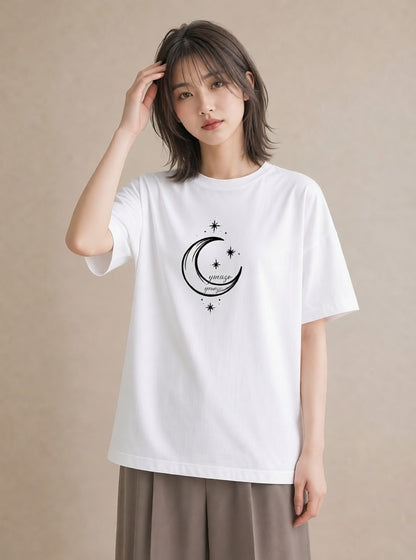 半袖Tシャツ レディース 月と星 星空 ムーン イラスト モード ビーチ デイリーウェア 白T