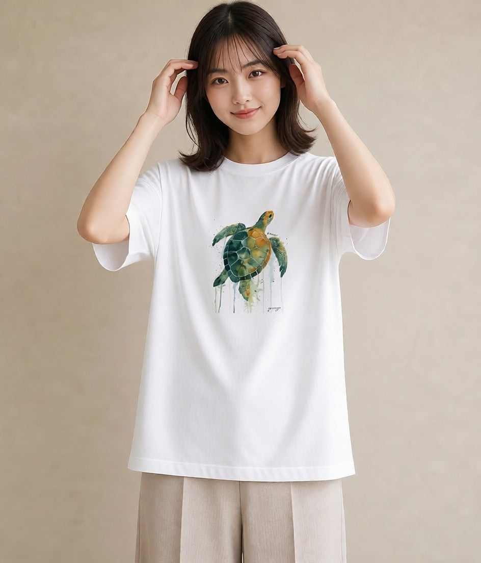 Tシャツ レディース ウミガメ 海の生き物 海 イラスト ヴィンテージ風 散歩 お出かけ 白T