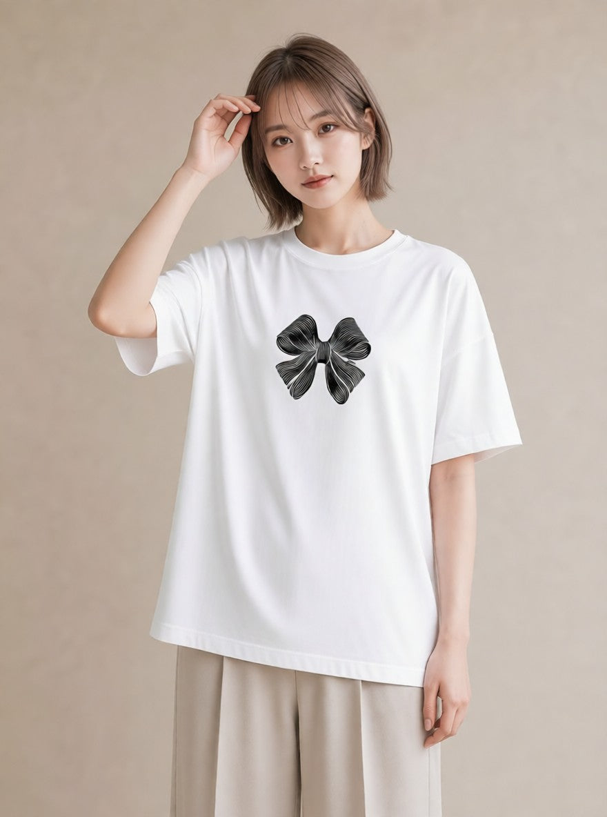グラフィックTシャツ レディース リボン ボウ りぼん イラスト ラフ 休日 ペアコーデ 白T