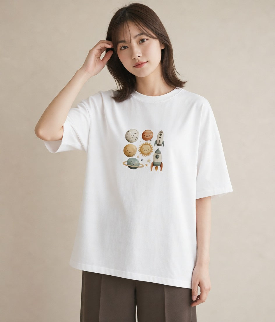 Tシャツ レディース プラネット 星空 宇宙 イラスト 旅行コーデ 帰省 ラフ 白T