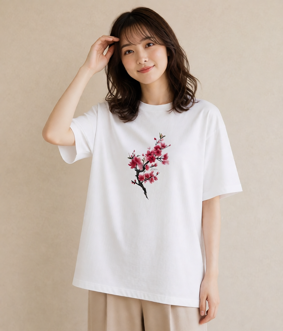 半袖Tシャツ レディース 梅 花 花柄 イラスト 週末コーデ 敬老の日 白T