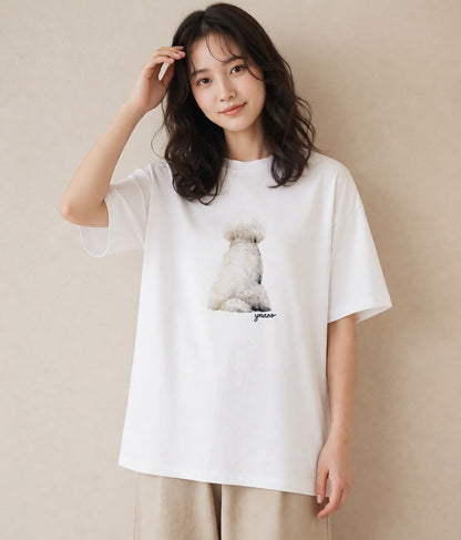 半袖Tシャツ レディース トイプードル プードル 犬 いぬ イラスト 旅行コーデ 春服 ミセス 白T