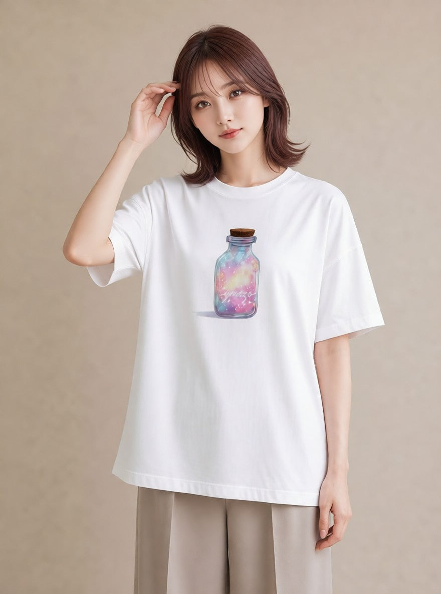 半袖Tシャツ レディース ガラス瓶 小枝 ボタニカル ナチュラル アンティーク イラスト 抜け感 自分用 ルームウェア 白T
