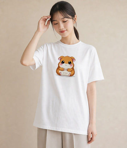 Tシャツ レディース ハムスター ペット 動物 イラスト フェミニン 通学 誕生日プレゼント 白T