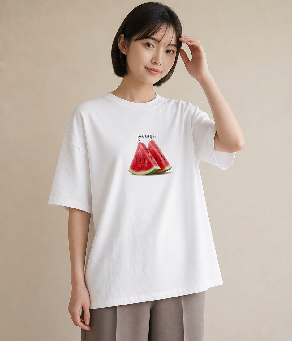 Tシャツ レディース すいか 食べ物 フード イラスト ラフカジュアル 散歩 お出かけ 白T