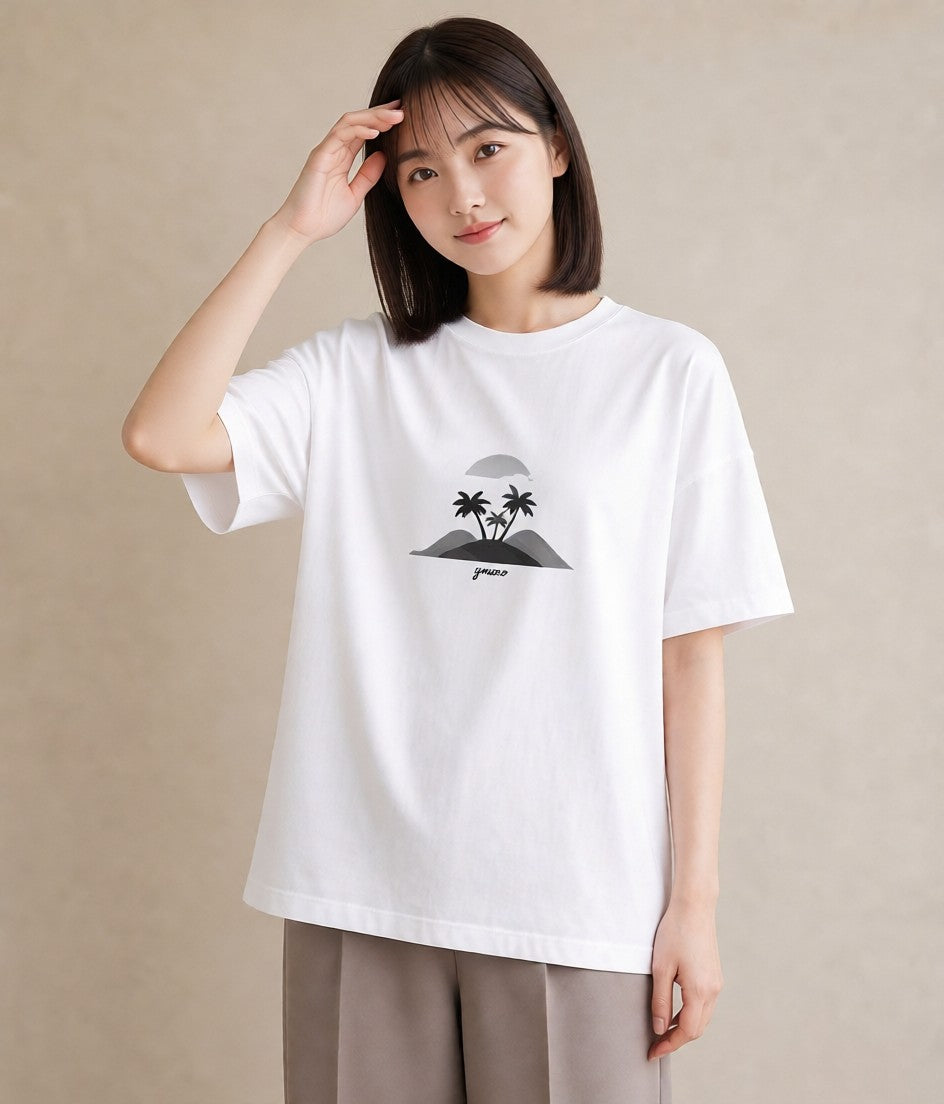 半袖Tシャツ レディース 海 リゾート 夏 イラスト 水彩風 カフェ服 クリスマス 白T