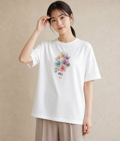 グラフィックTシャツ レディース 花 花柄 イラスト ガーリー 女性向けギフト 散歩 白T