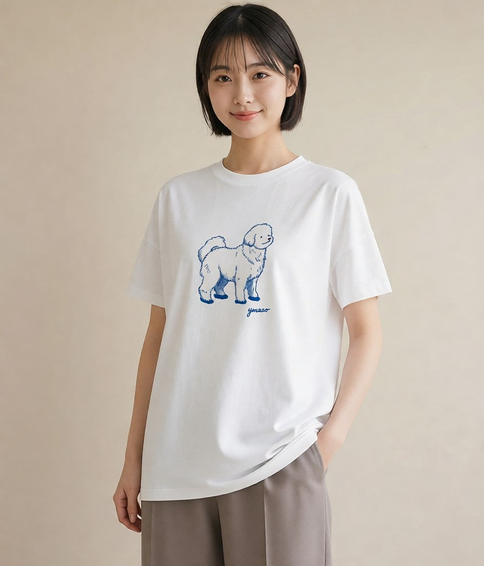 半袖Tシャツ レディース ビションフリーゼ 犬 いぬ イラスト 北欧風 海 カフェ巡り 白T